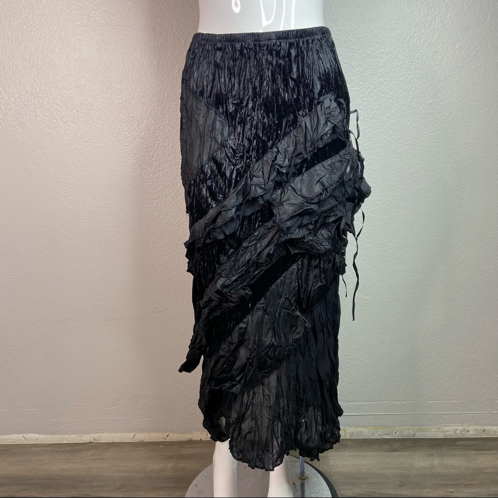 Surrealist Black Crinkle Tiered Velvet Maxi Skirt